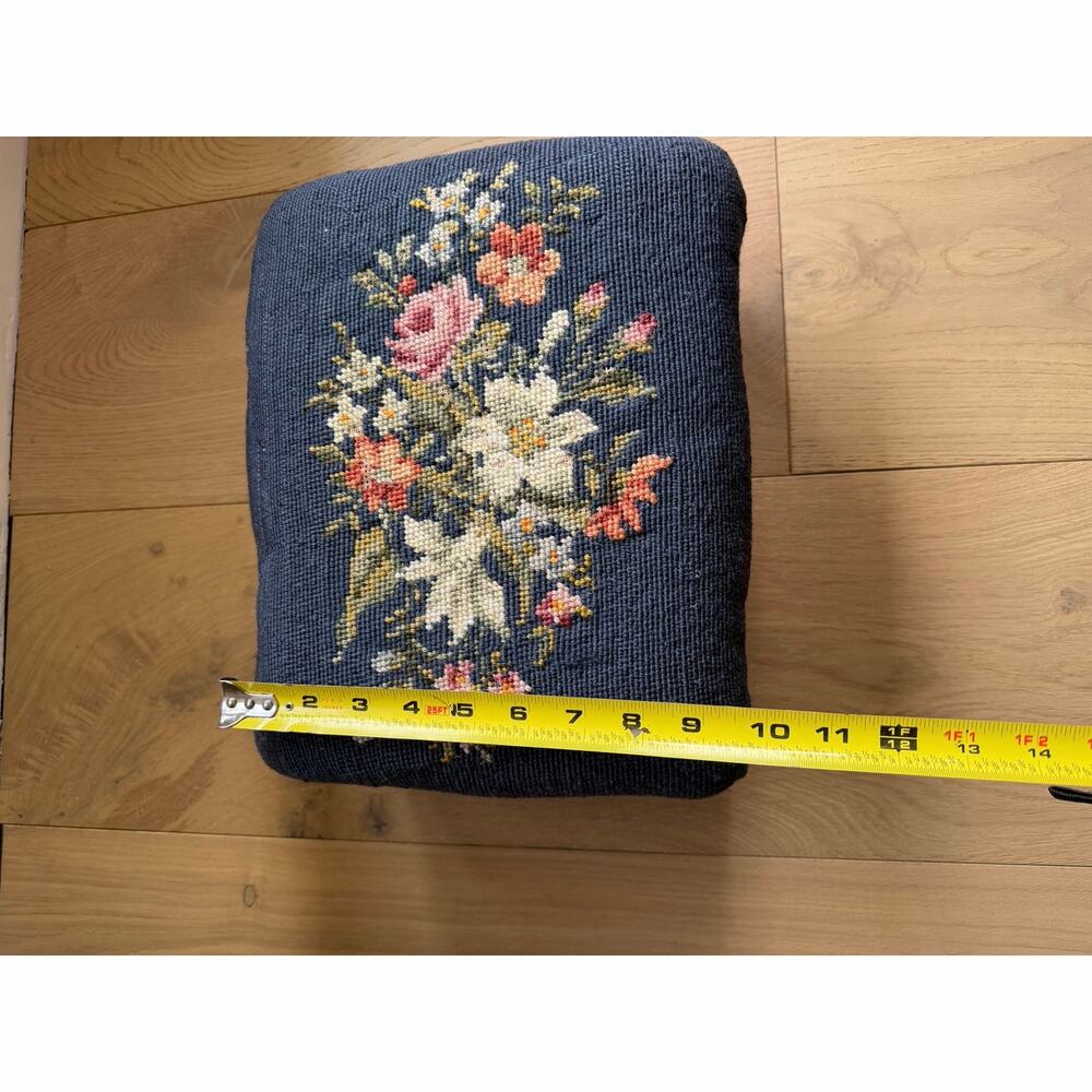Vintage Needlepoint Blue Floral Cushioned Footstool Approx 7” x 10” x 12” - Picture 2 of 11
